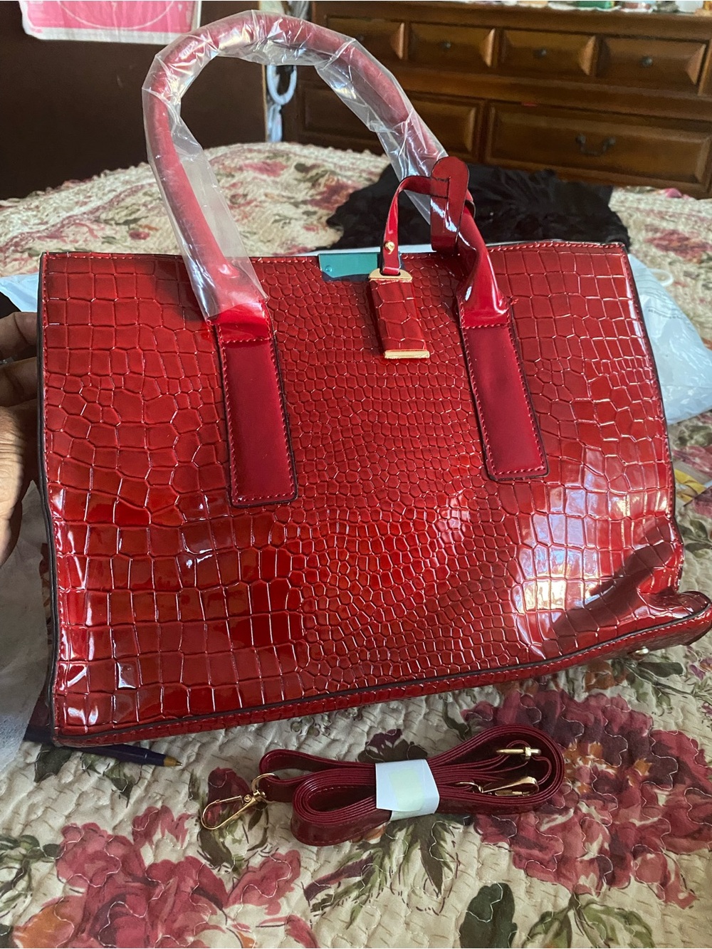 Glossy Red Croc-Embossed Patent Tote Bag with Detachable Strap